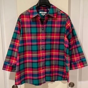 FOXCROFT 18W, Plaid Button Down Shirt, w/ 3/4 sleeves w/button at sleeve.